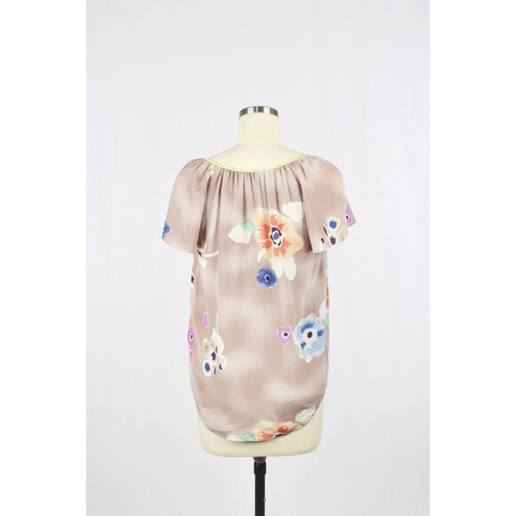 REBECCA TAYLOR Mauve Floral Print Silk Crepe V-Neck Blouse Top, Size 0 - Picture 3 of 11